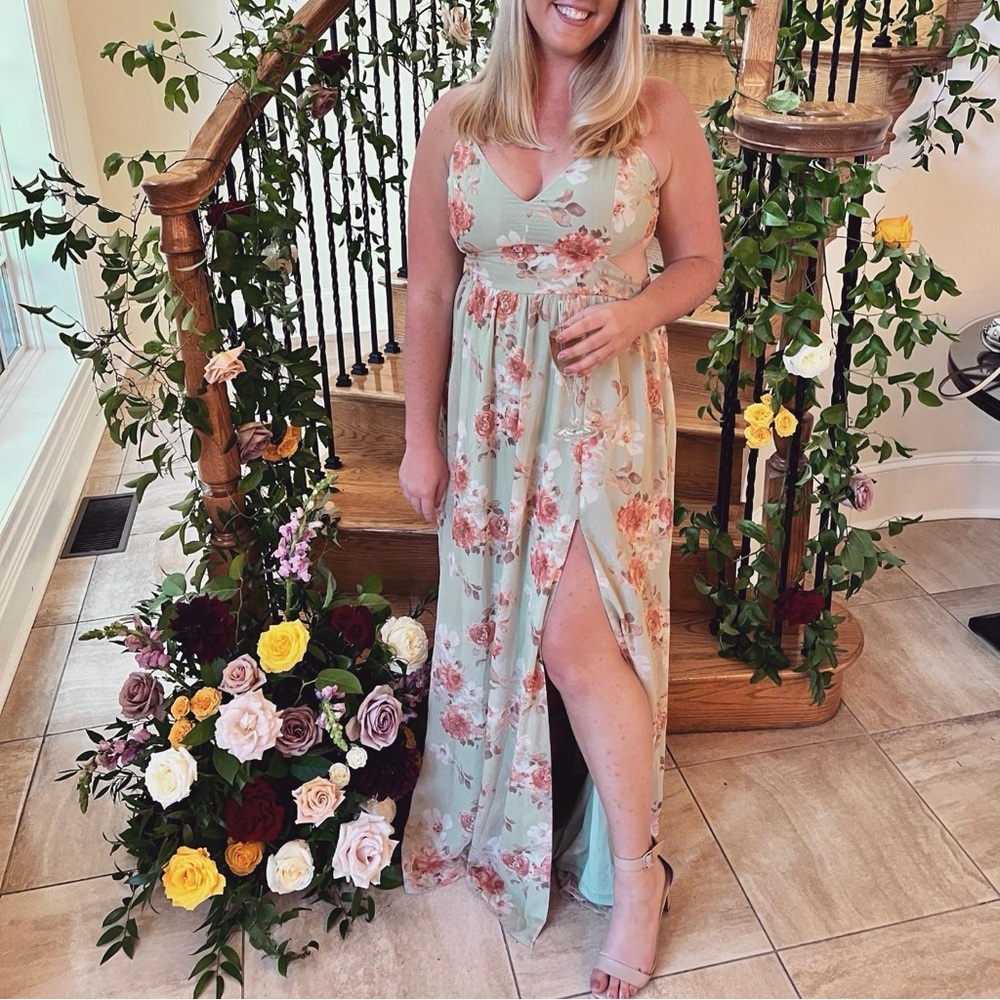 Beautiful light green floral gown (worn once)